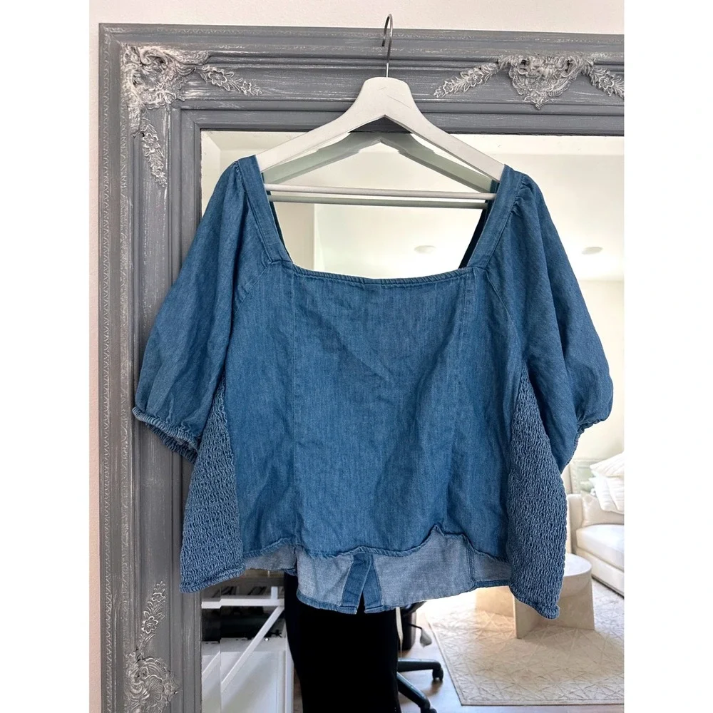 Old Navy Milkmaid Denim Chambray Puff Sleeve Square Neck Button Front Top 3X